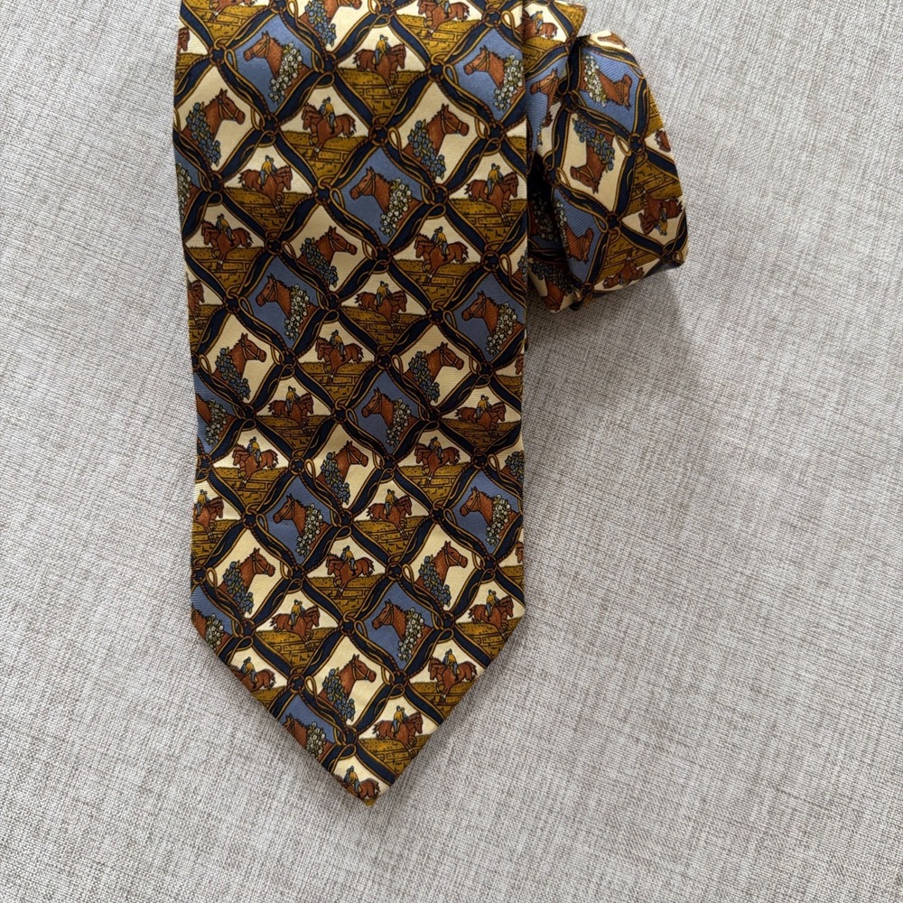 Lonchamp Silk Tie Equestrian Horse Riding Motif Necktie Italy 60"
